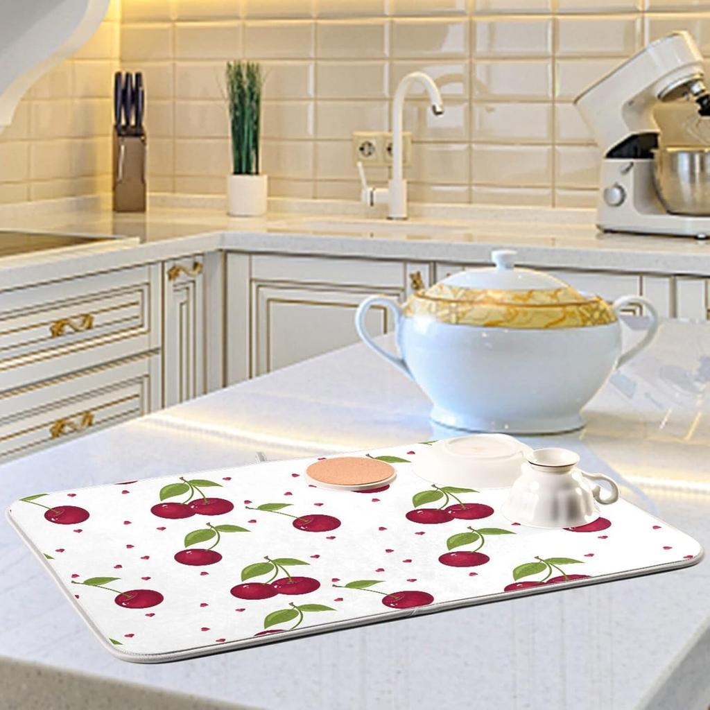 xigua Cute Cherry Fruit Dish Drying Mat for Kitchen Counter, Absorbent Microfiber Dishes Drainer Mats, Tableware Protector Dish Drying Pad 16x18in