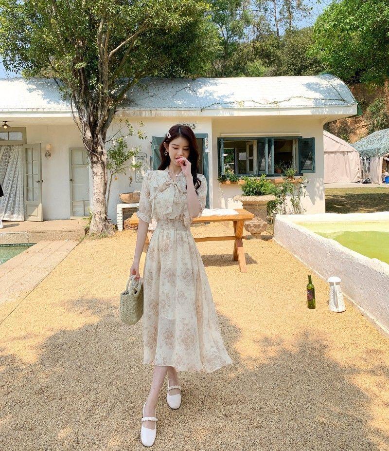 Summer French Style Floral Midi Dress - Waist-Cinched, Slimming, Elegant Temperament