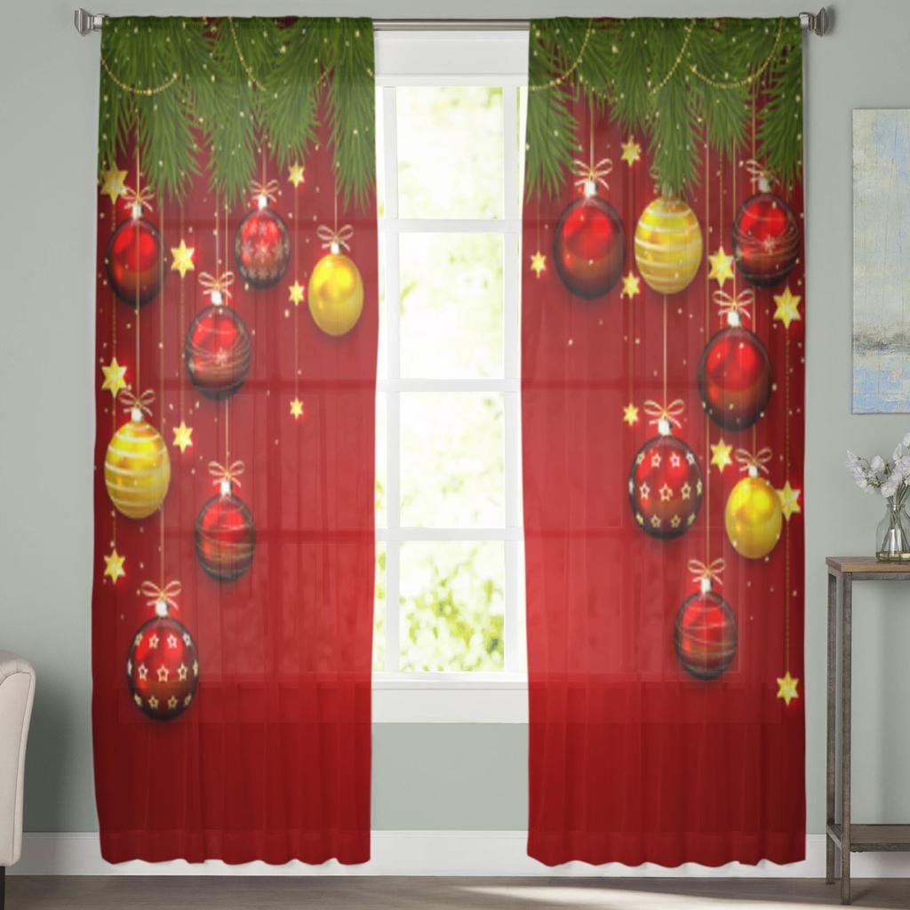 Christmas Balls And Fir Tree Branches Tulle Curtains For Living Room Bedroom Chiffon Sheer Voile Kitchen Curtain