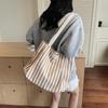 Retro Striped Canvas Tote: Fashionable Large-Capacity Single Shoulder Shopping Bag for Women
