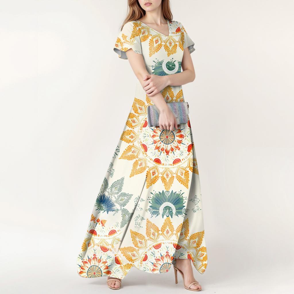 Women's Summer Casual Fashion Bohemian Printed Dress V Neck Short Sleeve Dress