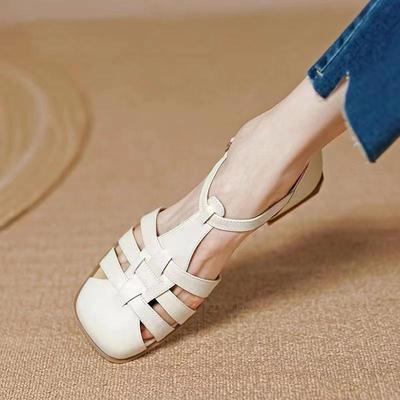 Sandales rétro pour femmes, chaussures romaines creuses pour femmes, chaussures d'été de couleur unie, talons épais, semelle plate, chaussures pour dames, boucle, grande taille