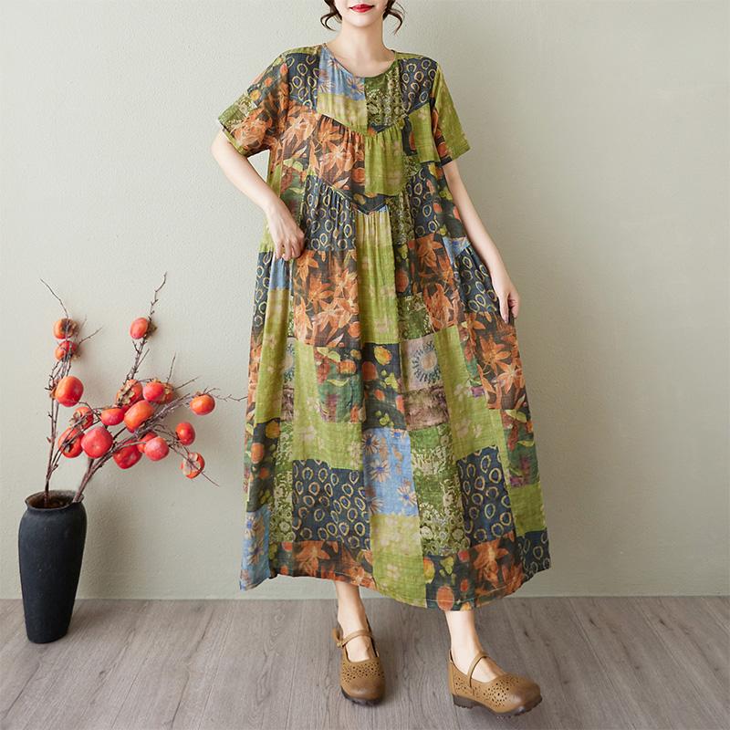 DIMANAF 2025 Summer Women Vintage Plus Size Long Printing Dress Short Sleeve Casual O-Neck Basic Fashion Loose Dress