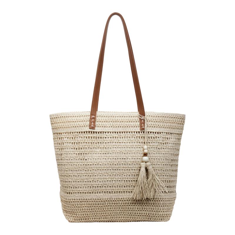 Borsa Tote in Paglia Intrecciata con Manici in Pelle Dettaglio Frangia Borsa da Spiaggia Estiva Moda Donna Grande Capienza