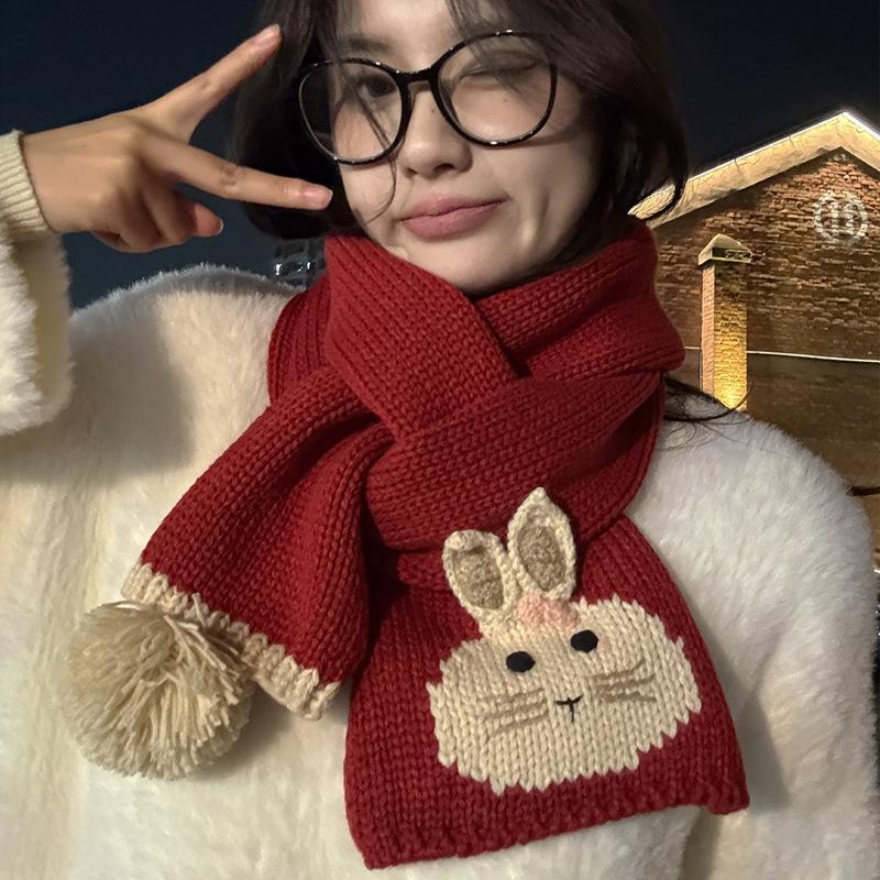 Japanese style Cartoon Cute Rabbit Knitted Woolen Scarf for Women in Autumn and Winter Korean Style Versatile and Warm Faux Cashmere Scarf Trend
