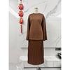 AUT1027392CMP Women Modest Two Piece Set Long Sleeve Loose Top Pleated Maxi Skirt Muslim Abaya Outfit Casual Matching Suit