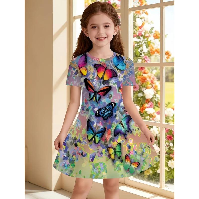 Girl Rainbow Princess Printed T-shirt Dress, White Casual Dress, Suitable for Children's Parties and Birthdays As A Gift