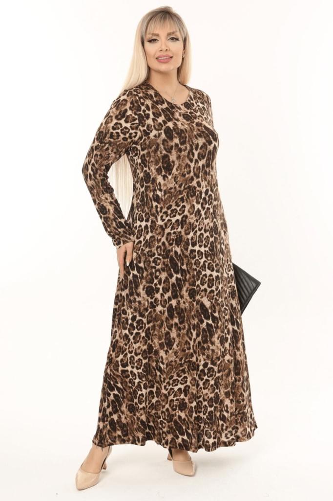 Women's Big Size Dress Plus Size Leopard Pattern Long Sleeve Viscose Hijab Dress