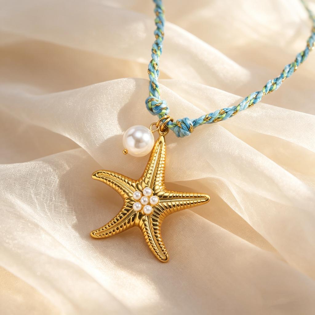 Fashion Stainless Steel Starfish Pendant Blue Woven Rope Chain Necklace for Women, 18K Gold Plated Waterproof Charm Jewelry Gift