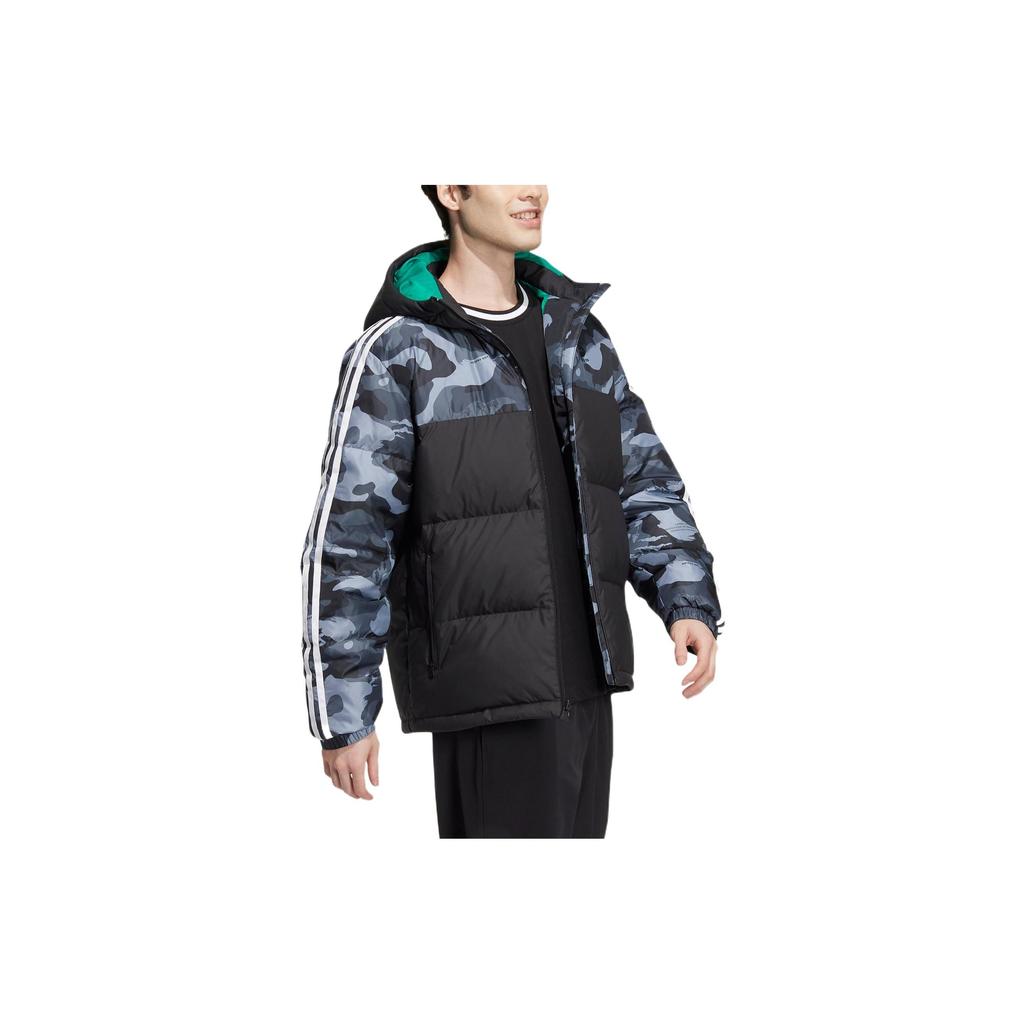 Adidas Neo Logo Print Camouflage Stripe Pattern Spliced Hooded Down Jacket Unisex Outerwear Black HN4764