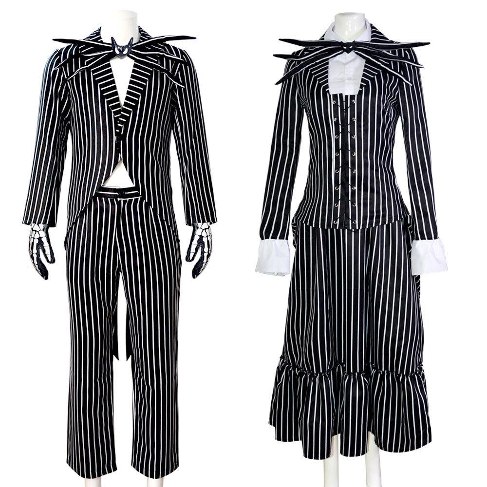 Set Costume di Halloween Jack Skeletron per Uomo, Outfit Cosplay Nightmare Before Christmas, Include Tuta, Guanti, Cravatta, Outfit per Festa di Natale