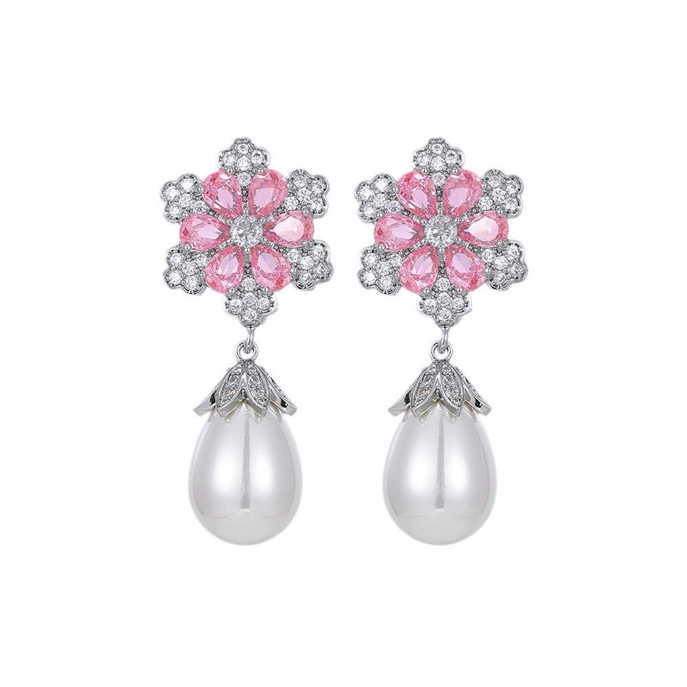 

Light Luxury Micro-Inlaid Flower Cherry Blossom Pearl Earrings Princess Pink Zircon Water Drop Pearl Earrings Ear Jewelry