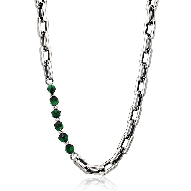 

Mixed Necklace Choker Fashion Stainless Steel Metal Links Chain with Blue Gray round Beads Stone for Women Men Jewelry