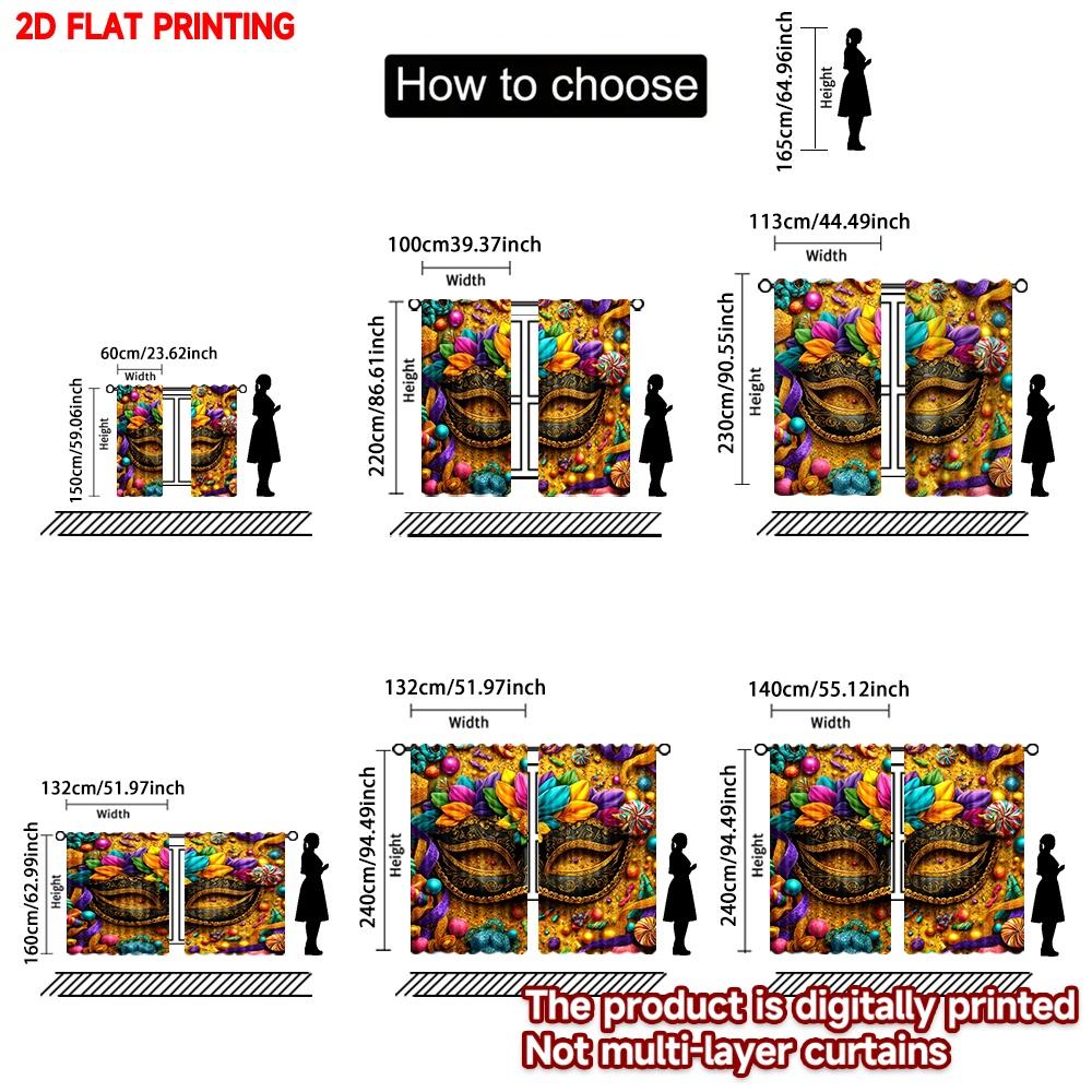 2D flat printing 2pcs Curtain Drapes Carnival Mask with Flowers Digital Printed Polyester Drapes Festive Curtains for New Year