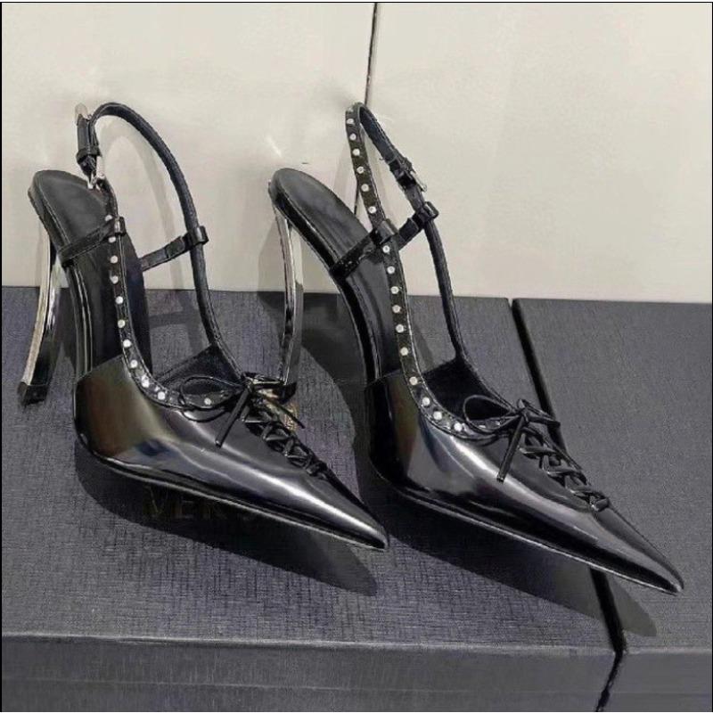 Fashion 2025 Designer Women's Metallic Slim Sandals - Rivet-Trimmed Chic Club & Banquet Footwear for Euro-American Markets