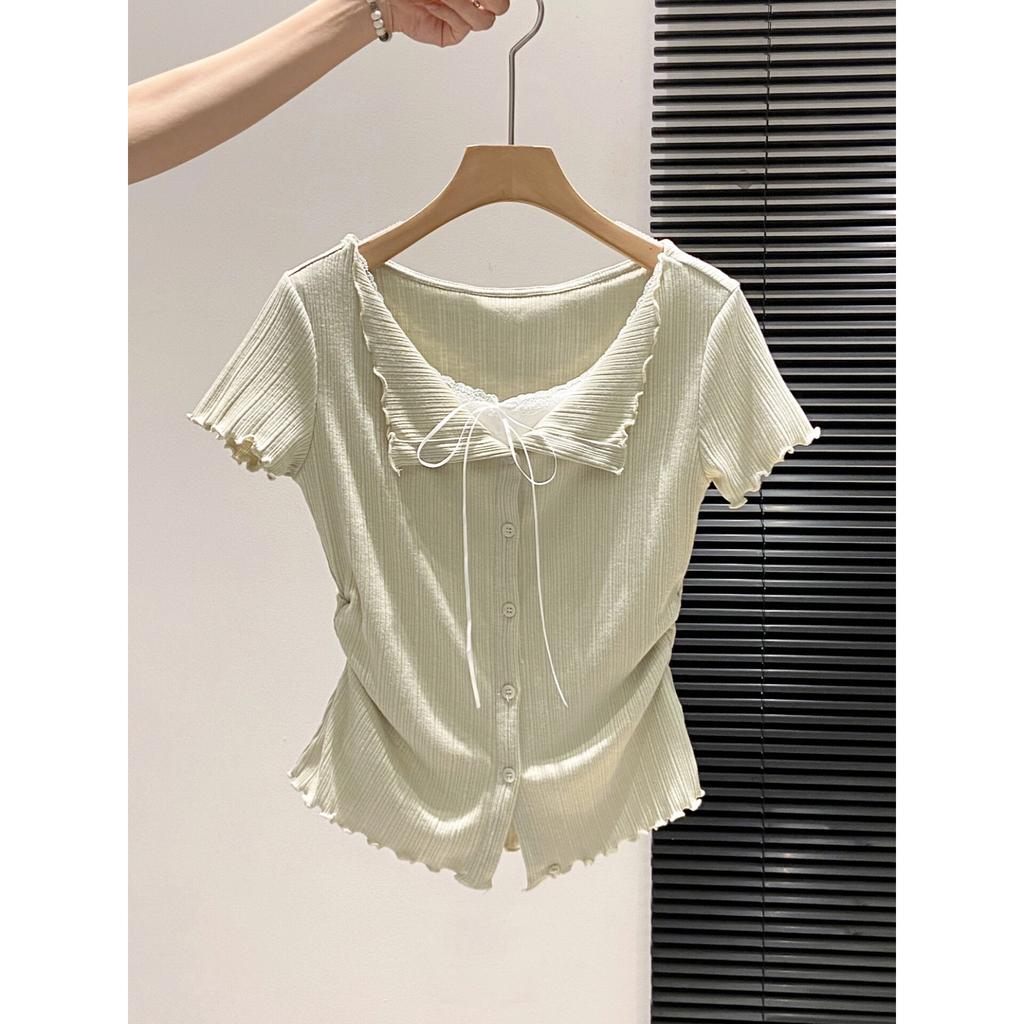 Pure lace lace-up short-sleeved t-shirt women's summer new fake two-piece slim-fitting and thin versatile top
