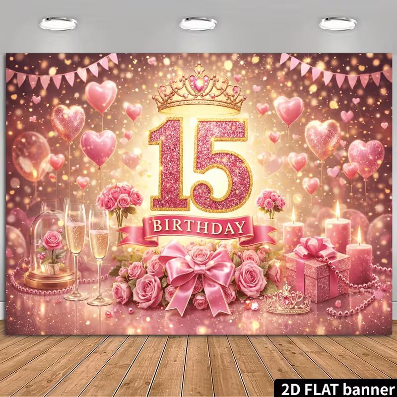 2D Quinceañera Rose Heart Girls Birthday Decor Background Tapestry 47.2x31.5inch/120*80cm