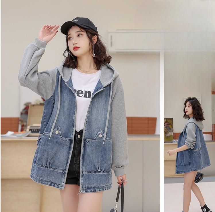 Hooded Denim Jacket Women's Spring and Autumn Stitching Loose Large Size Short Zipper Small Spring Top