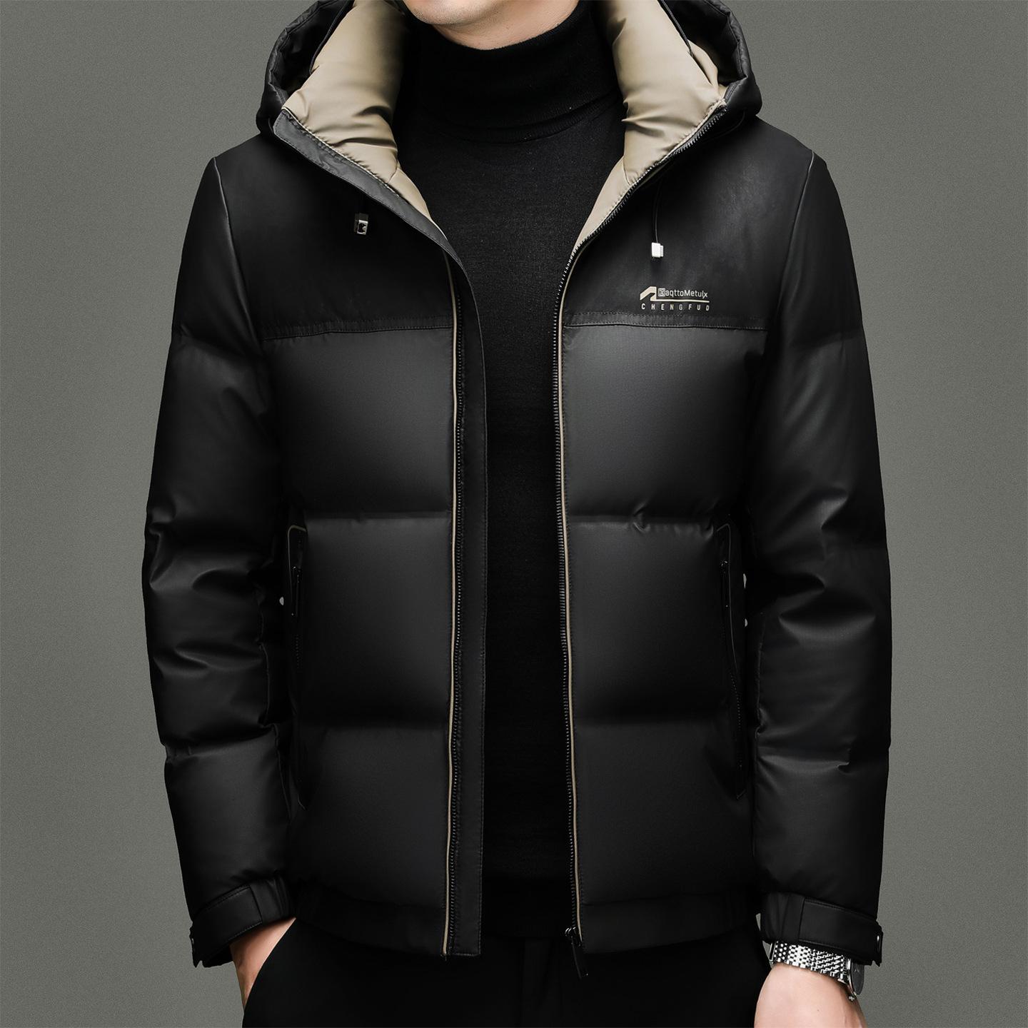 

Men s Winter Stand Collar Hooded Down Jacket - Easy Care, Water-Resistant, Warm, and Loose Fit 170