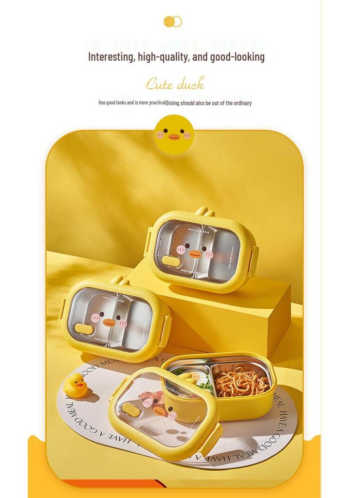 Children's Cartoon Duck Insulated Stainless Steel Bento Lunch Box with Compartments for Students and Office Workers
