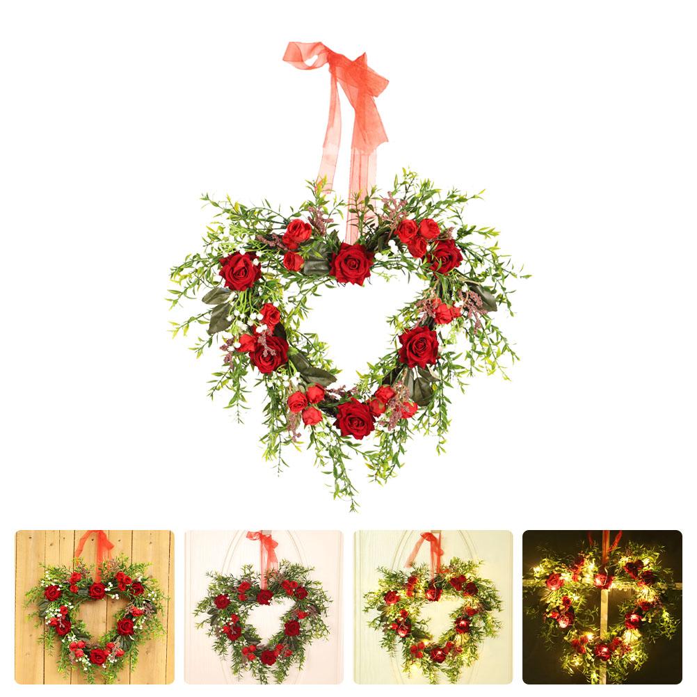 

Rose Wreath Artificial Valentine Adorn Silk Garland Heart-shaped Decor Flower Party Supply Elegant Door Decoration