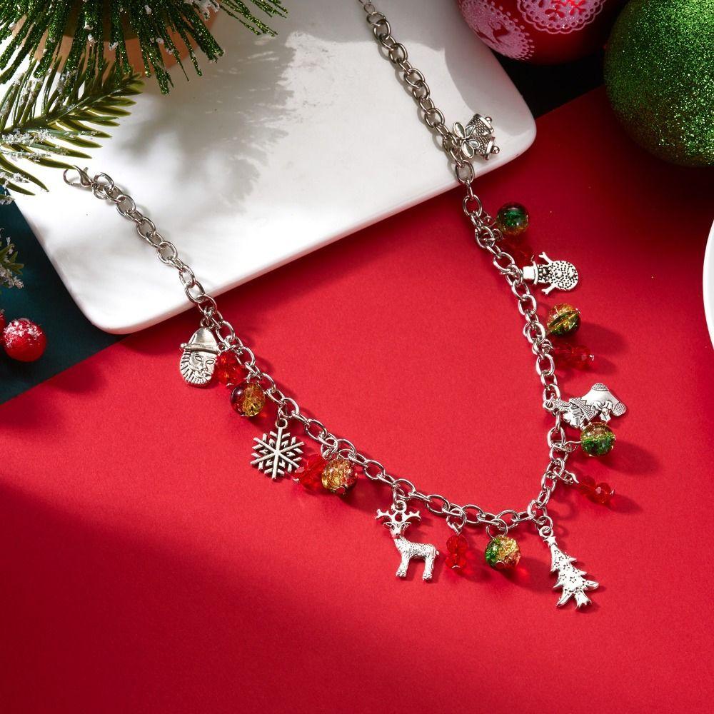 Handmade Christmas Tree Necklace Rhinestone Shiny Zircon Santa Necklace Golden Color Colorful Bells Snowman Necklace