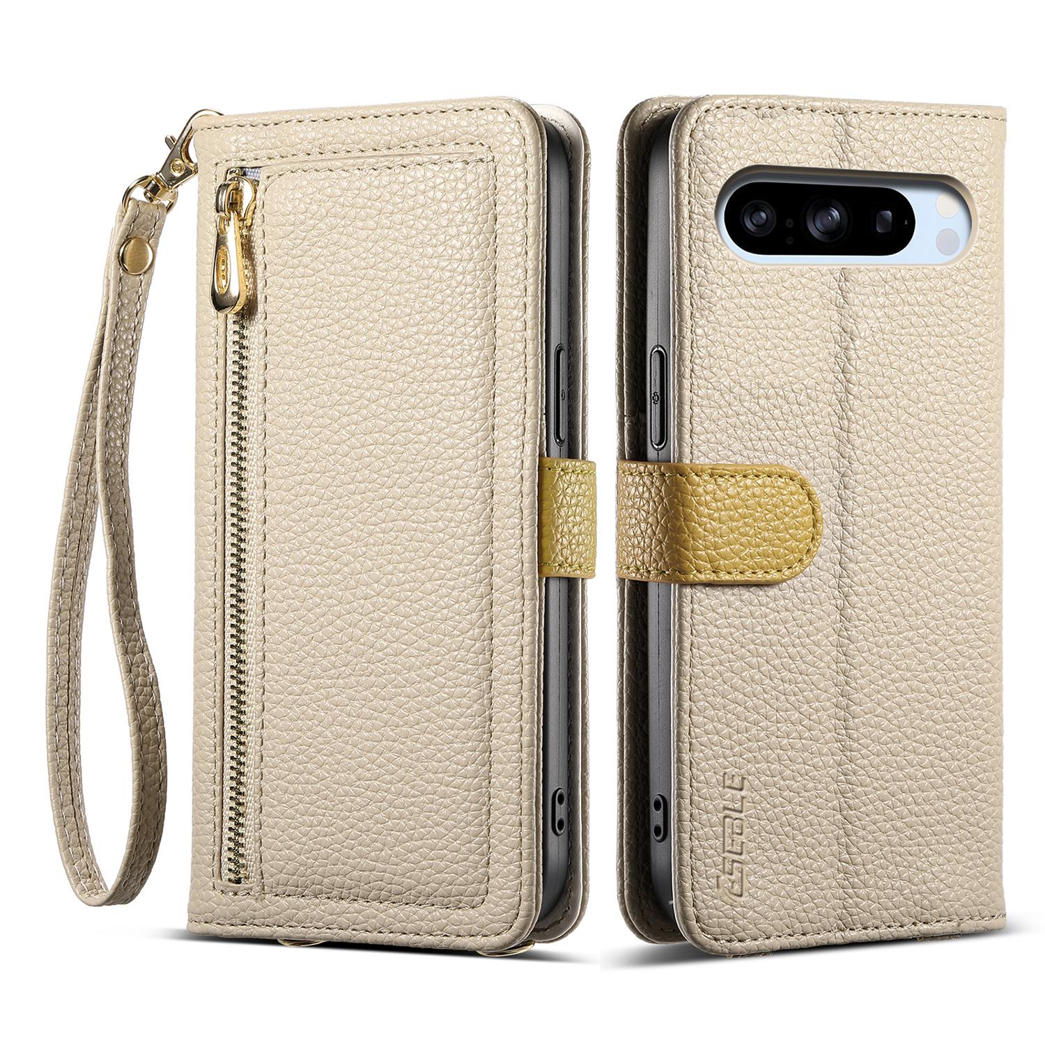 

ESEBLE E11 For Google Pixel 8 Pro Case Zipper Pocket Litchi Texture Leather Phone Cover with Mirror and Wrist Strap Khaki