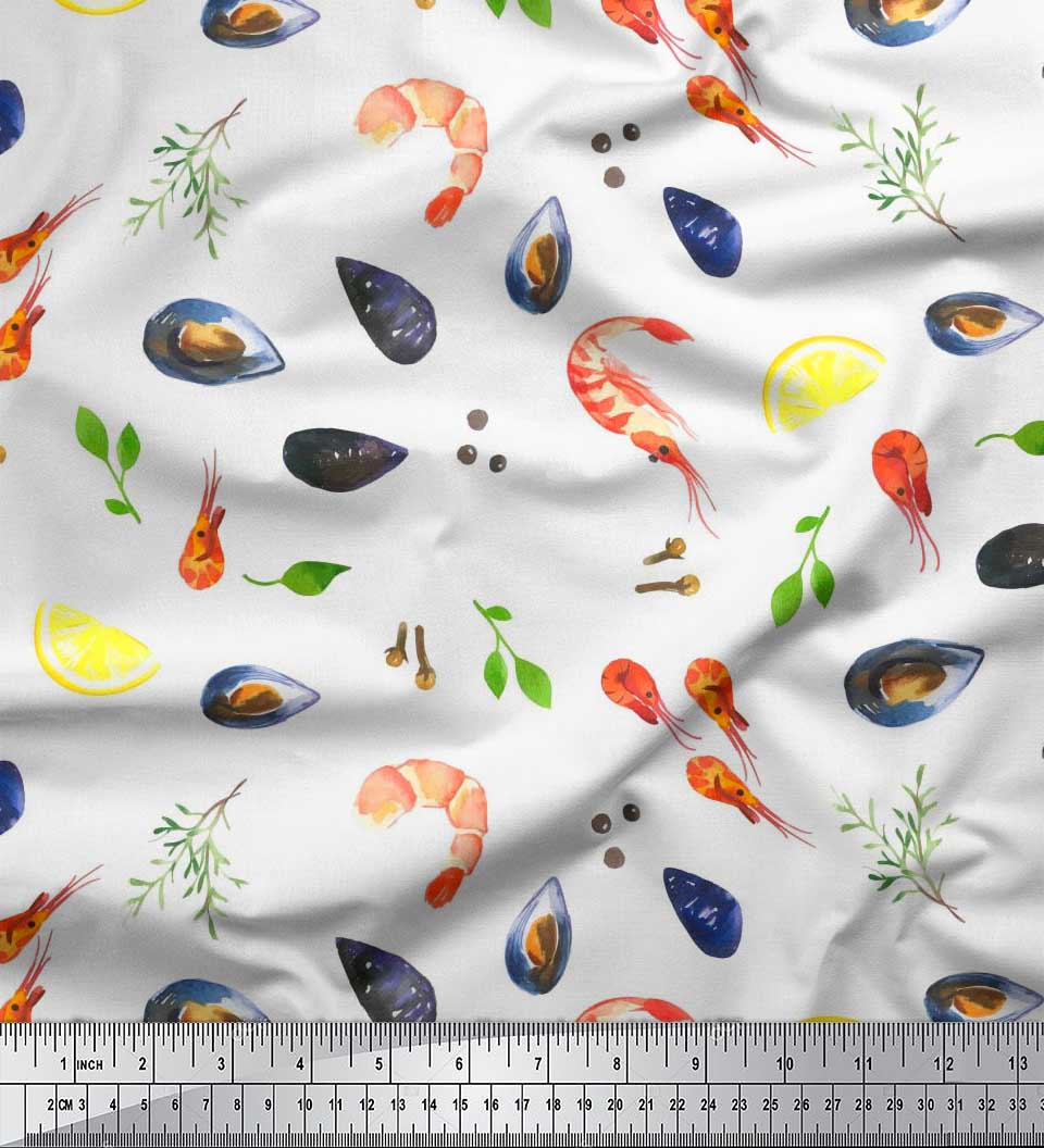 

Тканина Soimoi Japan Crepe Satin Gemstone, Lemon Slice & Prawns Food Print Тканина на метр 42 дюйма 42 Inch Wide - Poly Crepe білий