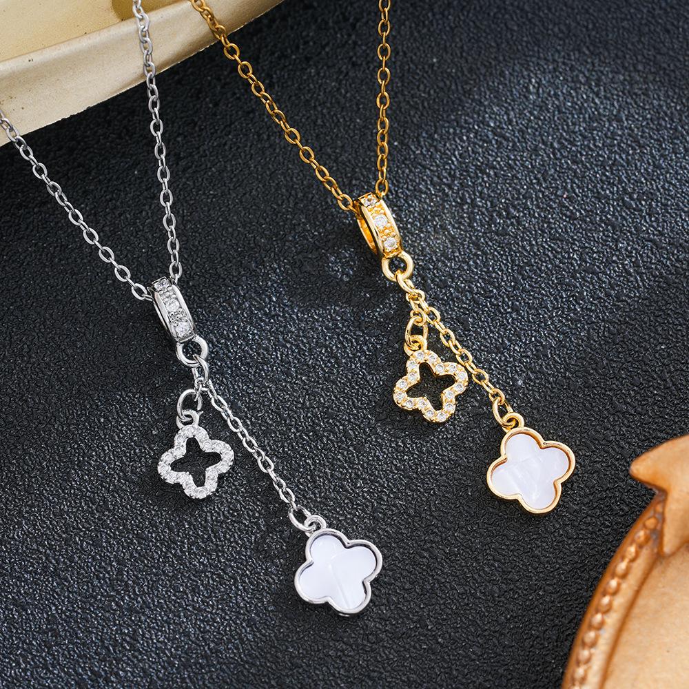 European & American Luxury Tassel Hollow Mother-of-Pearl Clover Pendant Diamond Necklace for Women - High-End Fashion Jewelry