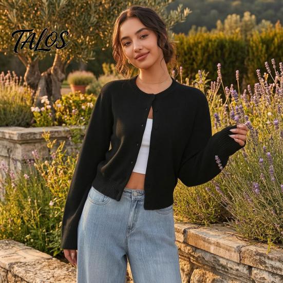 Maglia Lunga Manica Lunga Donna Cardigan Corto a Maglia, Top con Bottoni, Maglione Leggero Casual Girocollo per Primavera Autunno Aperto Davanti