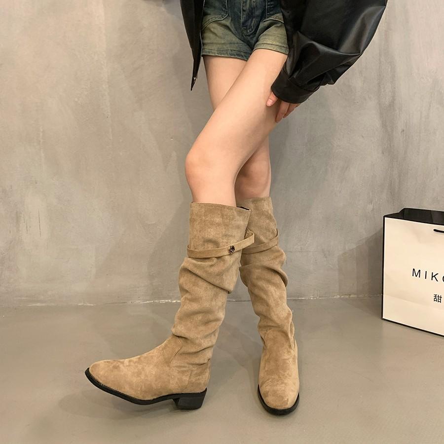 French Thick Heel Apricot Suede Piled Boots Women's Shoes 2025 New Spring and Autumn Winter Versatile Thin Long Boots