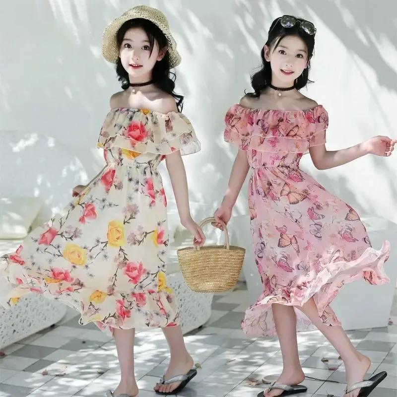 Girls Sleeveless Butterfly Print Ruffled Hem Princess Dress Kids Summer Clothes Beach Vacation Dress
