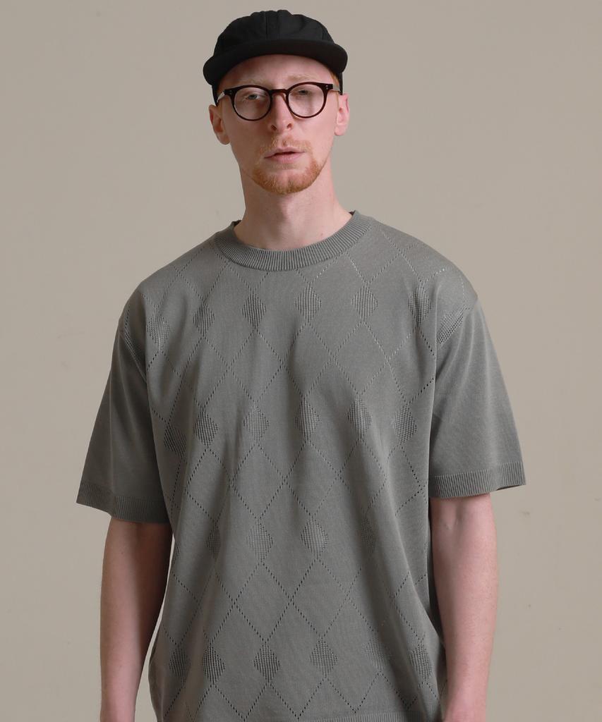 STAGE NAME Cool Soft Diamond Punching Knit Short Sleeve Tee_Gray