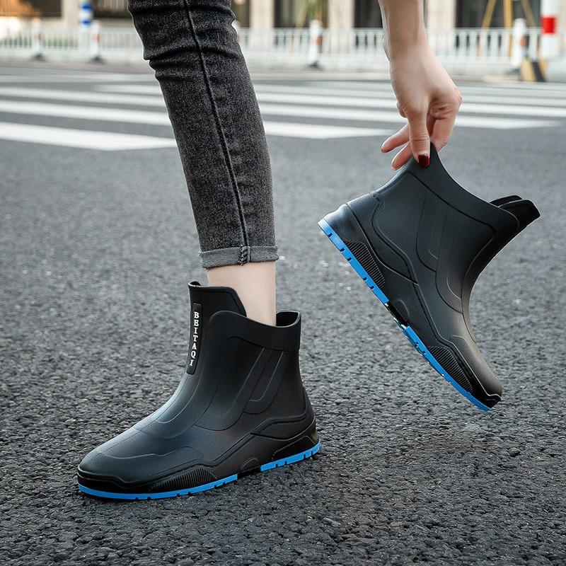Fashion Rain Shoes Men's Non-slip Waterproof Shoes Kitchen Women's Rubber Shoes Car Wash Wear-resistant Water Boots Fleece Warm Short Rain Boots