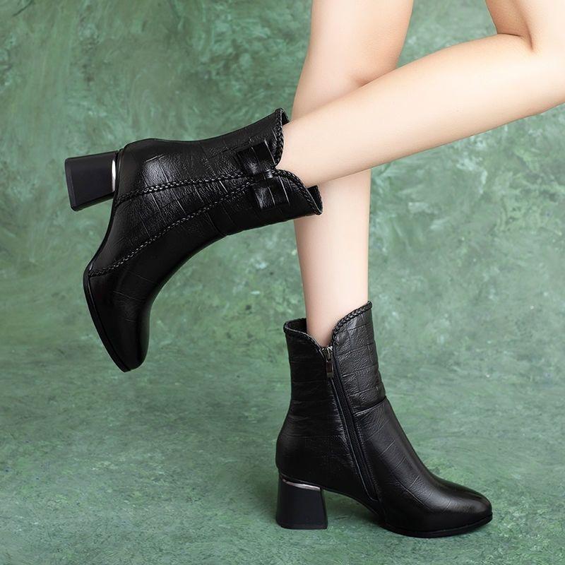 Fashion British Style Black Middle Heel Women's Half High Boots on Offer Sale Gothic Comfortable and Elegant Chic Ladies Mid Calf Shoes