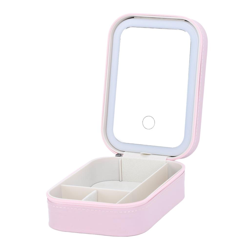 Makeup Bag with LED Mirror Jewelry Storage Box Dimmable Touch Screen Makeup Travel Lighted Case for Home Travel Pink