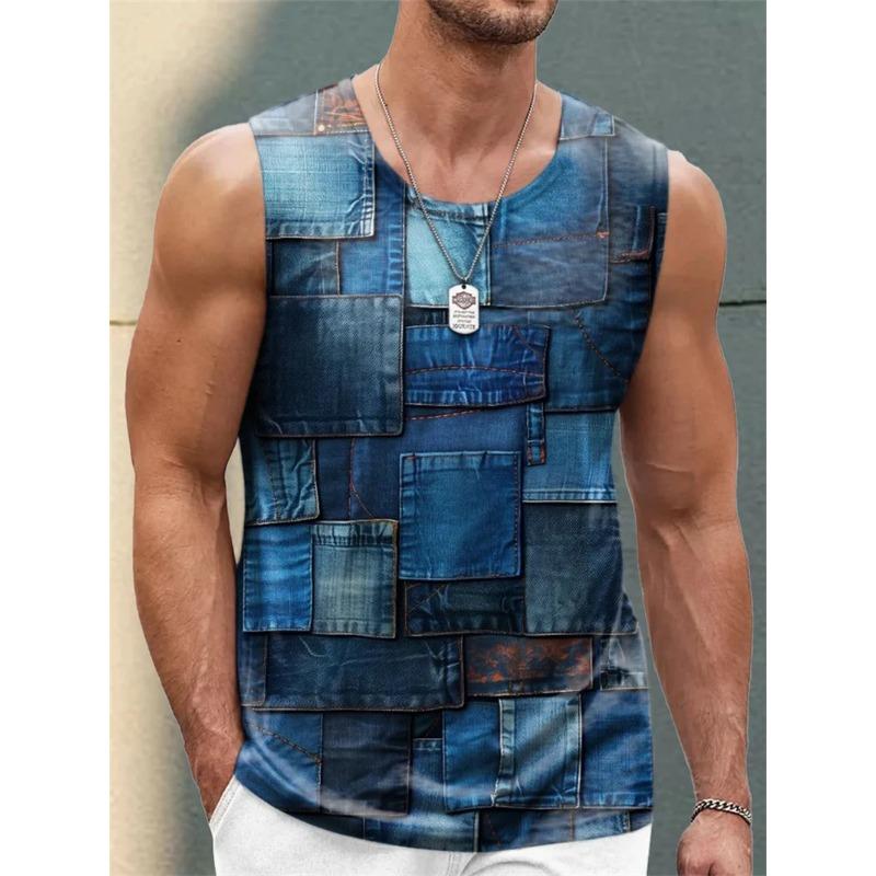Retro Denim Patchwork Grafik Herren Tanktops Sommer Mode Ärmellos 3D-Druck Weste Lässige Alltags T-Shirts Tops
