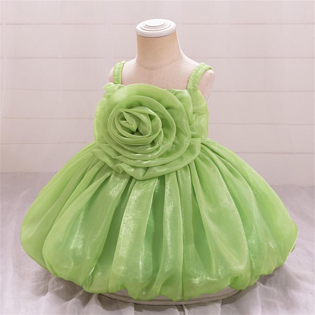 Toddler Princess Dress with 3D Rose Flowers and Shiny Satin Puff Sleeves