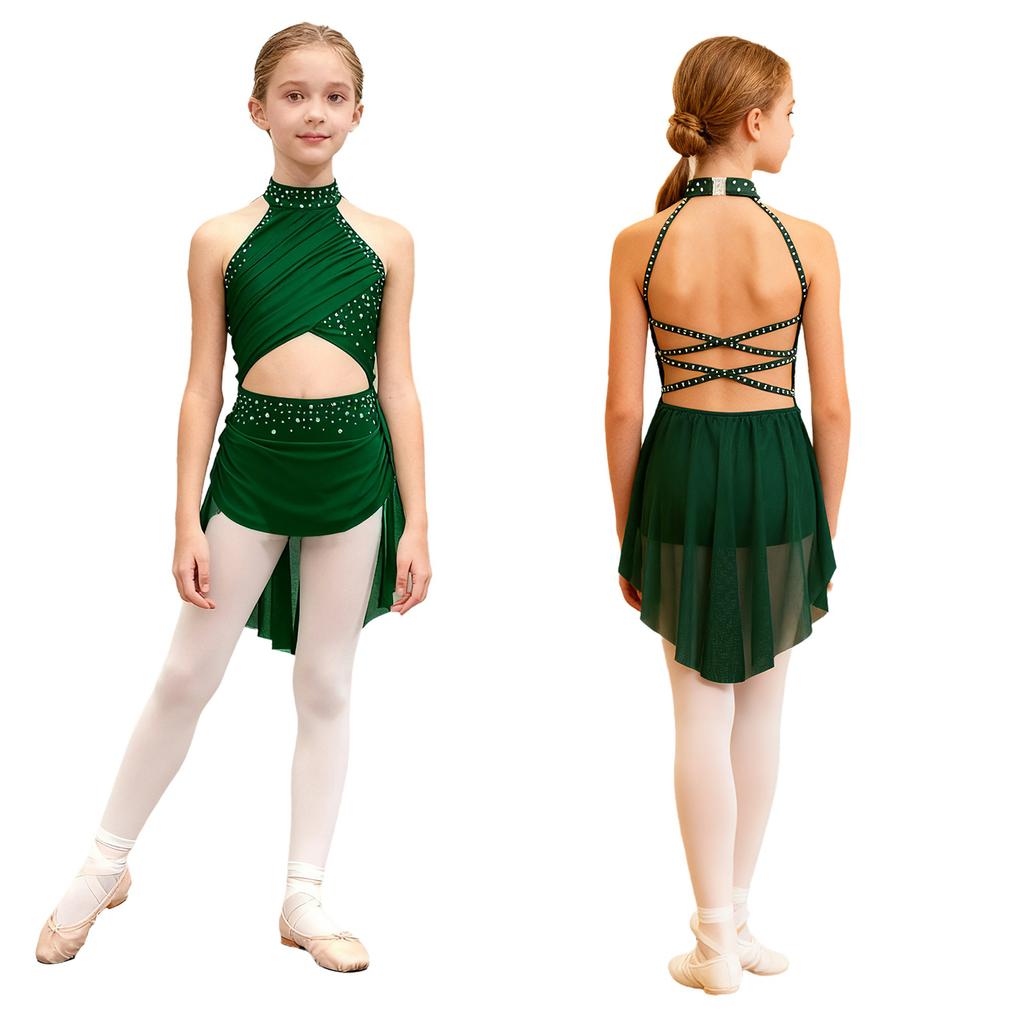 Kids Girls Modern Lyrical Dance Dress Ballet Figure Skating Gymnastics Leotard Bodysuit Costume Strappy Back Latin Jazz Dress