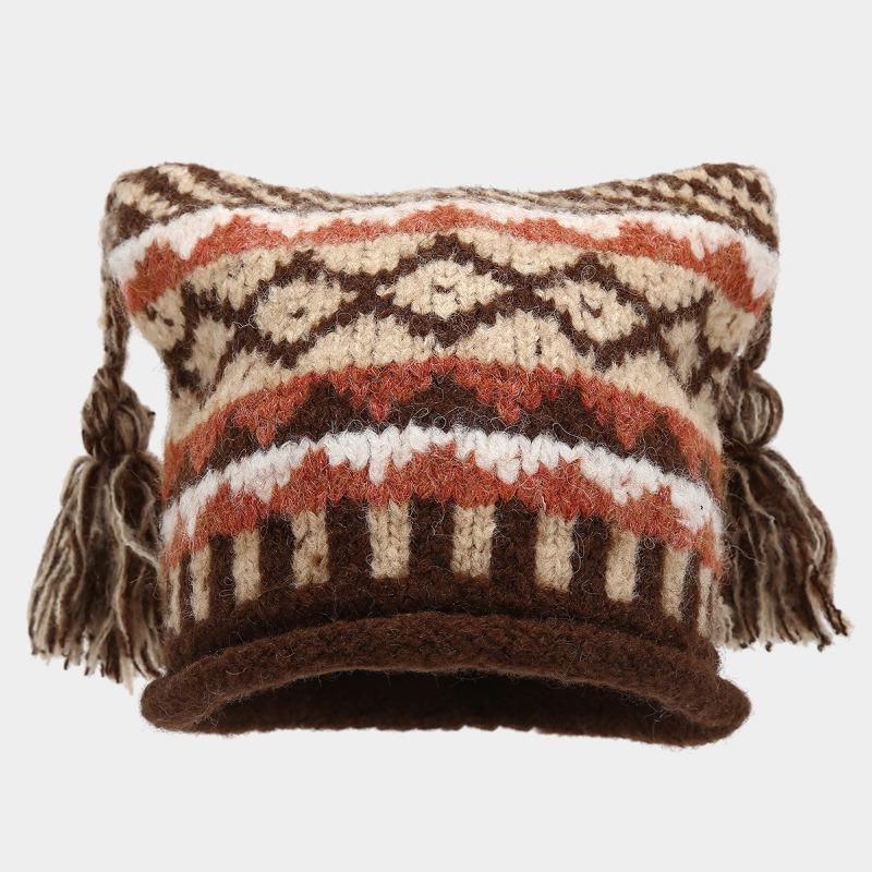 

Жаккардовая шапка с кисточками и косами в стиле Fair Isle, женская, модная, ретро, осенне-зимняя, закрывающая лицо, с рожками теленка, шерстяная M（56-58cm） темно-коричневого