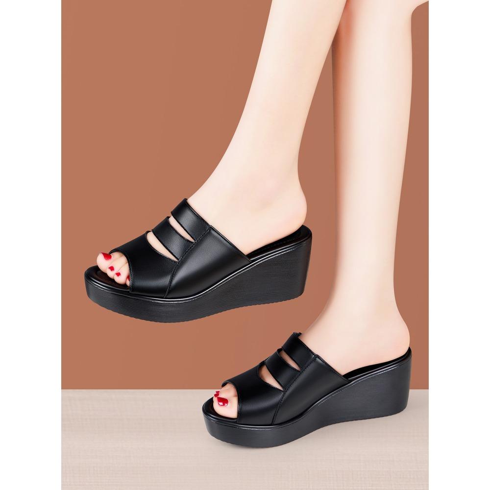 

6 см Универсальные Удобные Туфли на плоской платформе с толстой подошвой Мягкие кожаные шлепанцы 2025 Средний каблук Клинья Слайды для офиса Мама 41