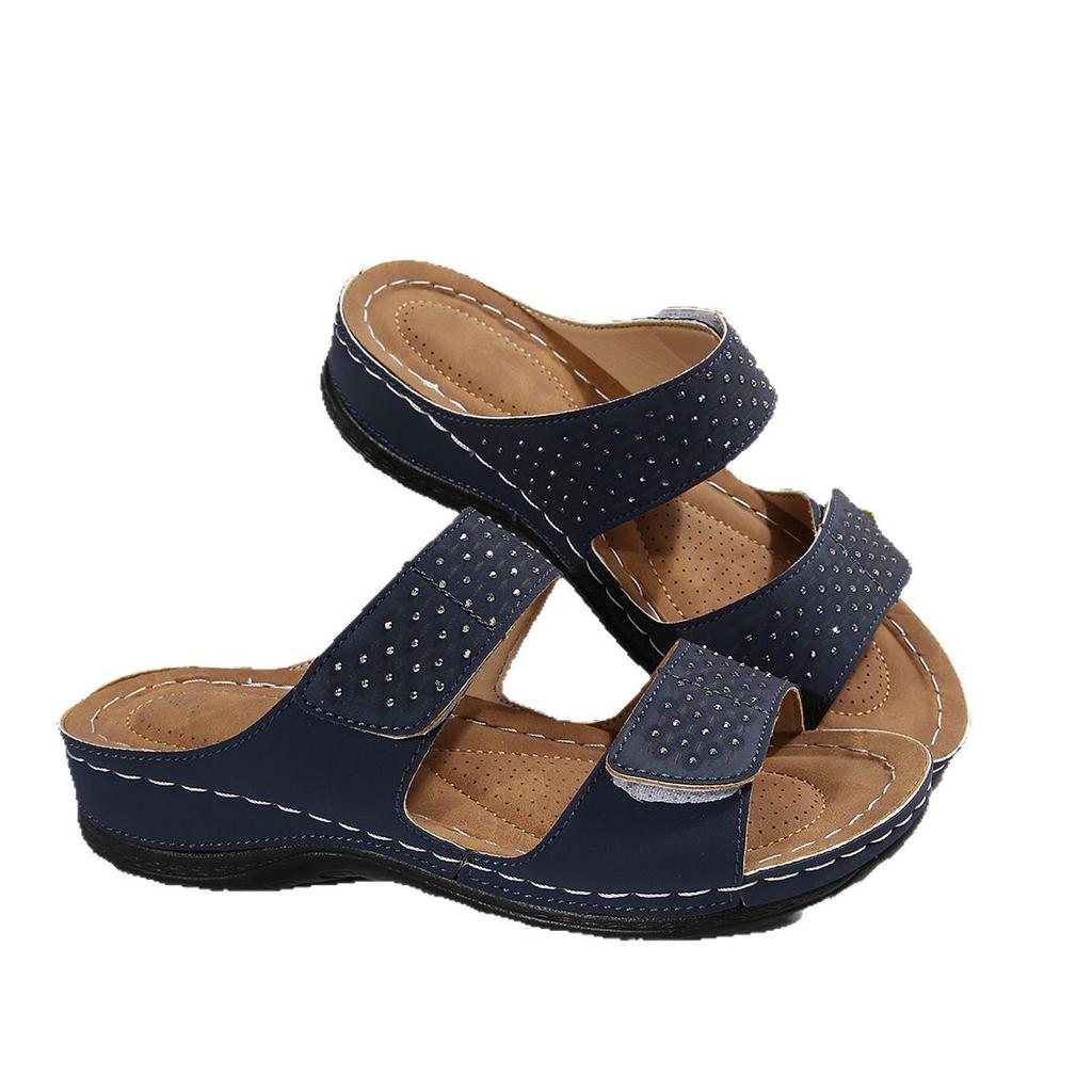 2025 Summer New Foreign Trade Women's Shoes Hollow European and American Velcro Sandals Wedge Heel Large Size Women's Color Matching Cool Slippers