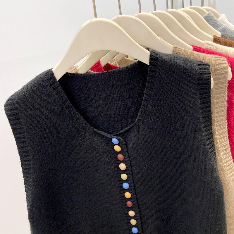 Fashion Elegant Loose Sleeveless Knitted Cardigan Sweater Vest Women 2025 Autumn Winter Casual Buttons Waistcoat Simple Solid Color Tops Clothing