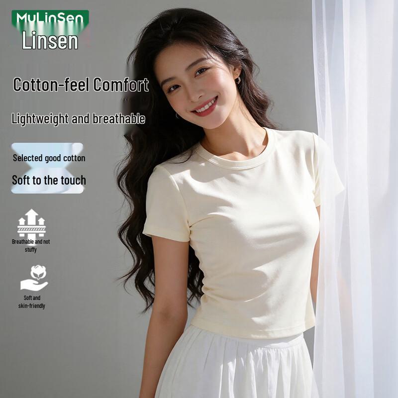 MULINSEN Women s Cotton-Feel Round Neck Short Sleeve T-Shirt 2XL бежевый