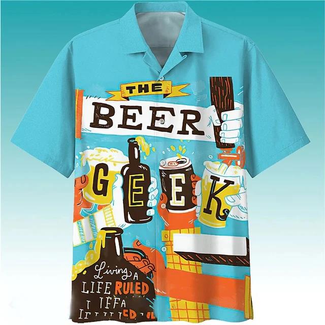 Camisetas Festival de Cerveza Harajuku para Hombre Estampado 3D Manga Corta Verano Estilo Hawaiano Playa Tops de Botón Único Solapa