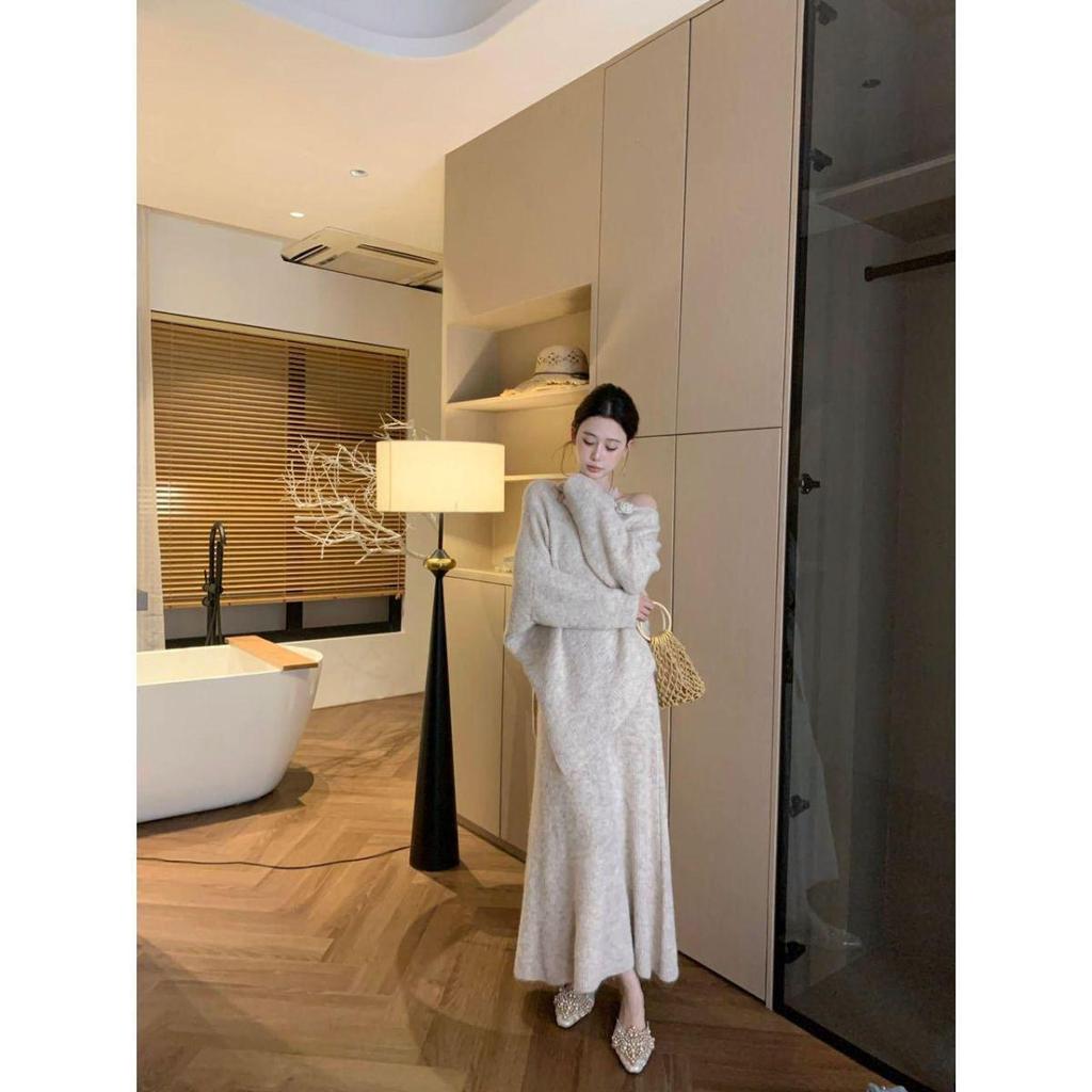 Elegant French 3D Floral Knit Sweater & Midi Skirt Set