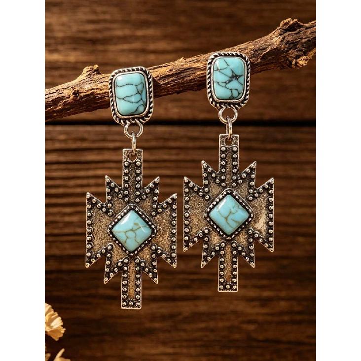 1 Pair Western Style Artificial Turquoise Earrings, Antique Silver Geometric Cross Arrow Dangle Earrings