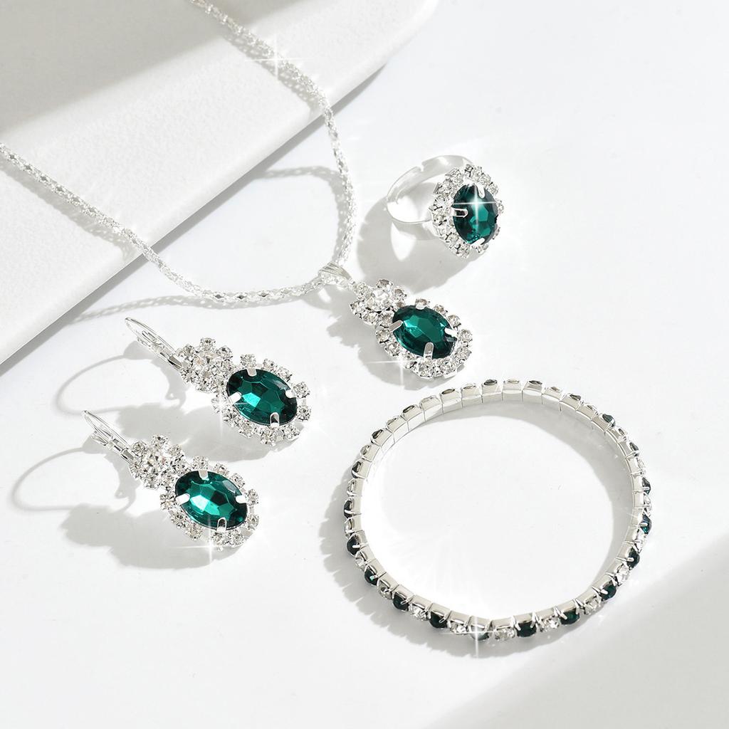 Shiny Diamond Drop Emerald Necklace Earrings Bracelet Ring Four-piece Set