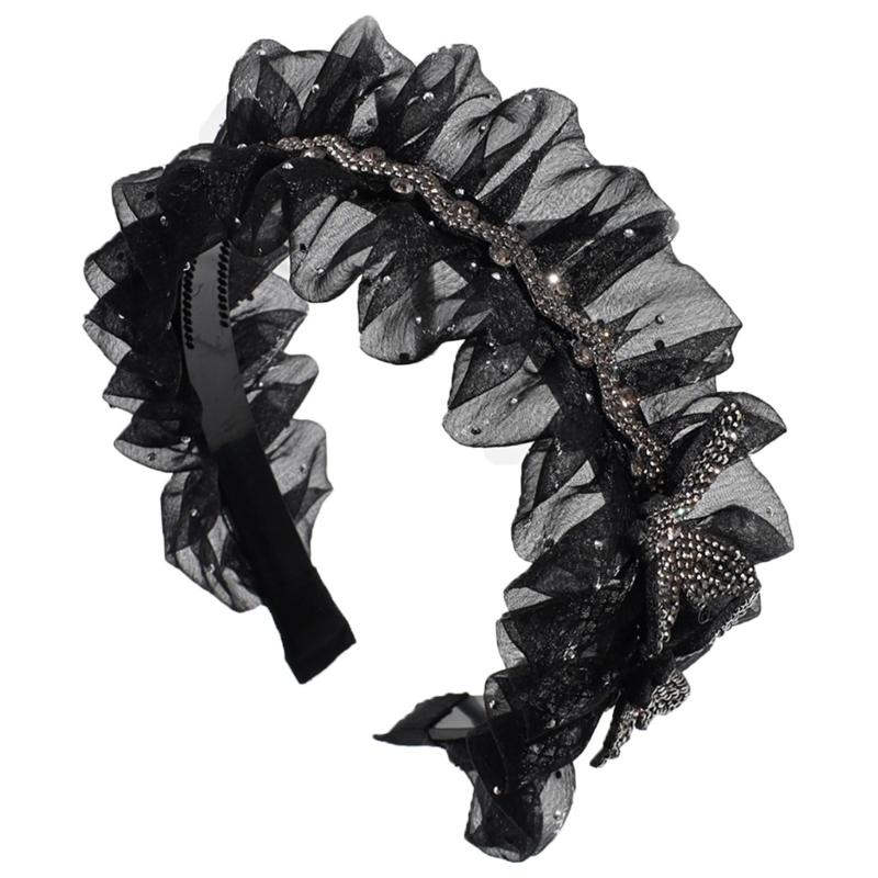 

Pleated Lace French Style Headbands for Woman Skidproof Headbands with Rhinestone Headbands for Girl Washing Face Sports 1