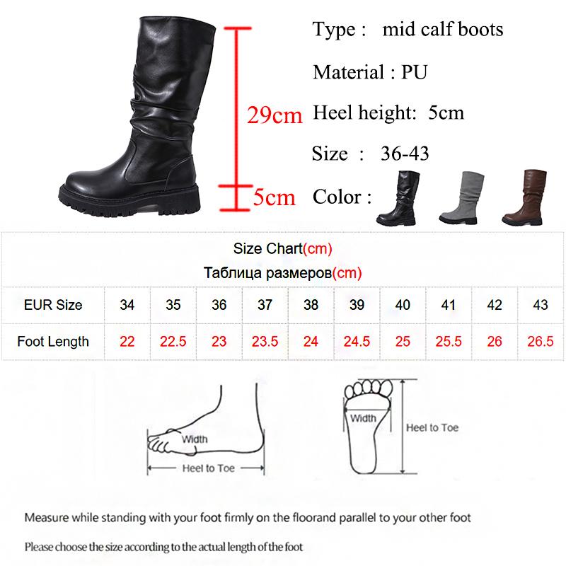 Plus Size Punk Platform Mid Calf Boots Women 2024 Side Zipper Pleated Pu Leather Boots Woman Thick Sole Brown Botas Mujer 43